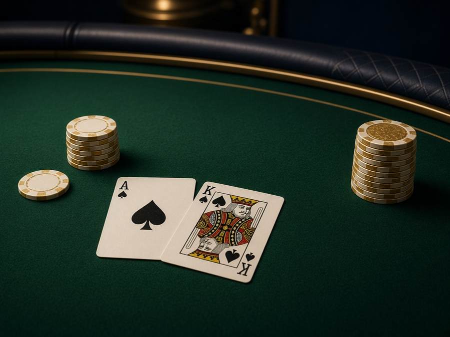 Table de jeu feutrée avec cartes et jetons